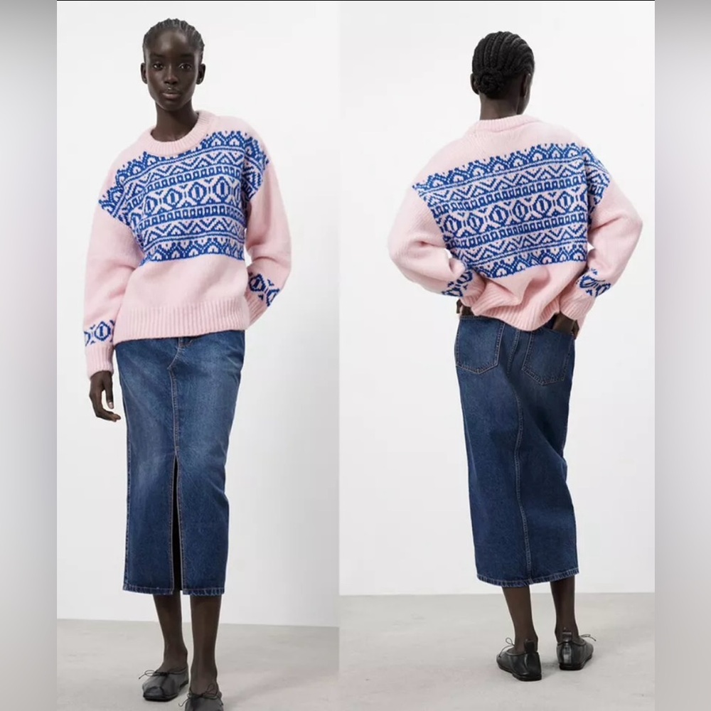ZARA BUBBLEGUM PINK & BLUE KNIT SWEATER | CREW NECK | LONG SLEEVES | M - Picture 10 of 12